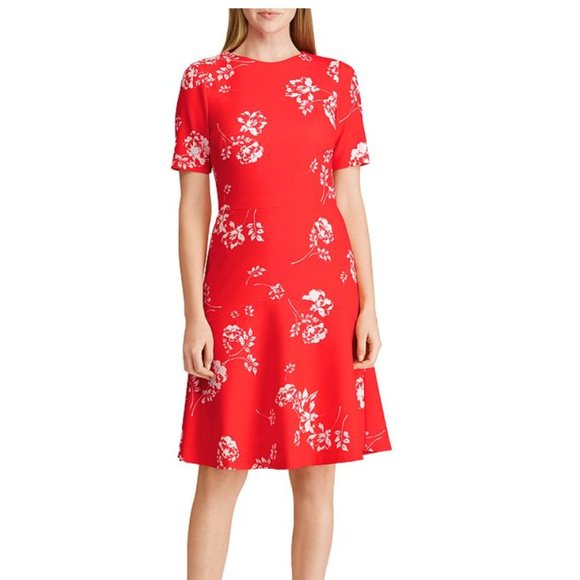 Ralph Lauren Jacquard Crepe Floral Dress In Poppy/cream - Picture 1 of 1